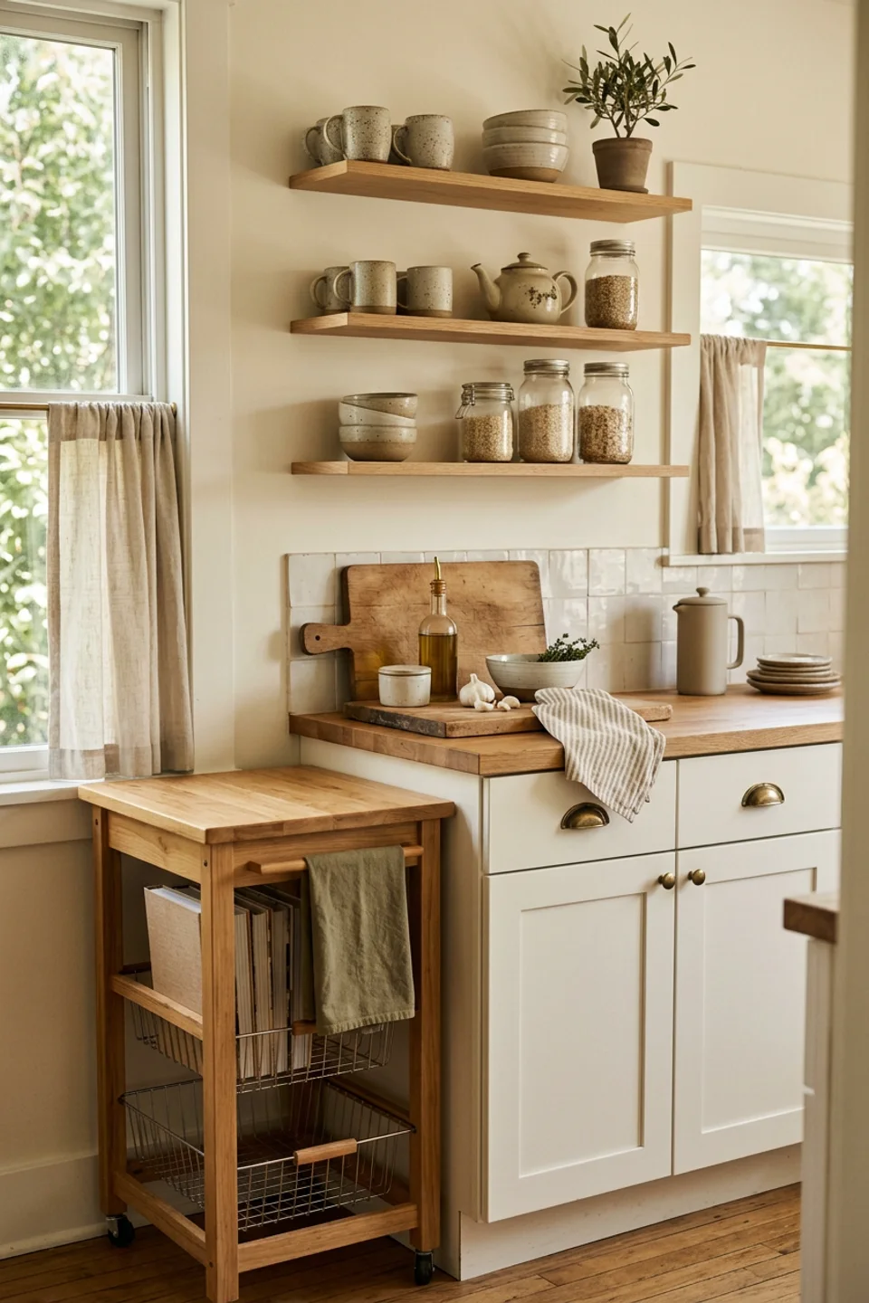 Compact ivory apartment kitchen with open oak shelves and a movable cart