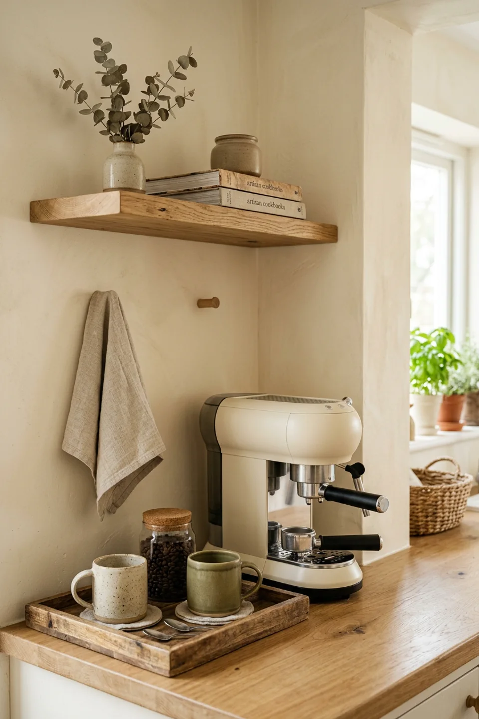 Home coffee nook with a cream espresso machine and ceramic mugs