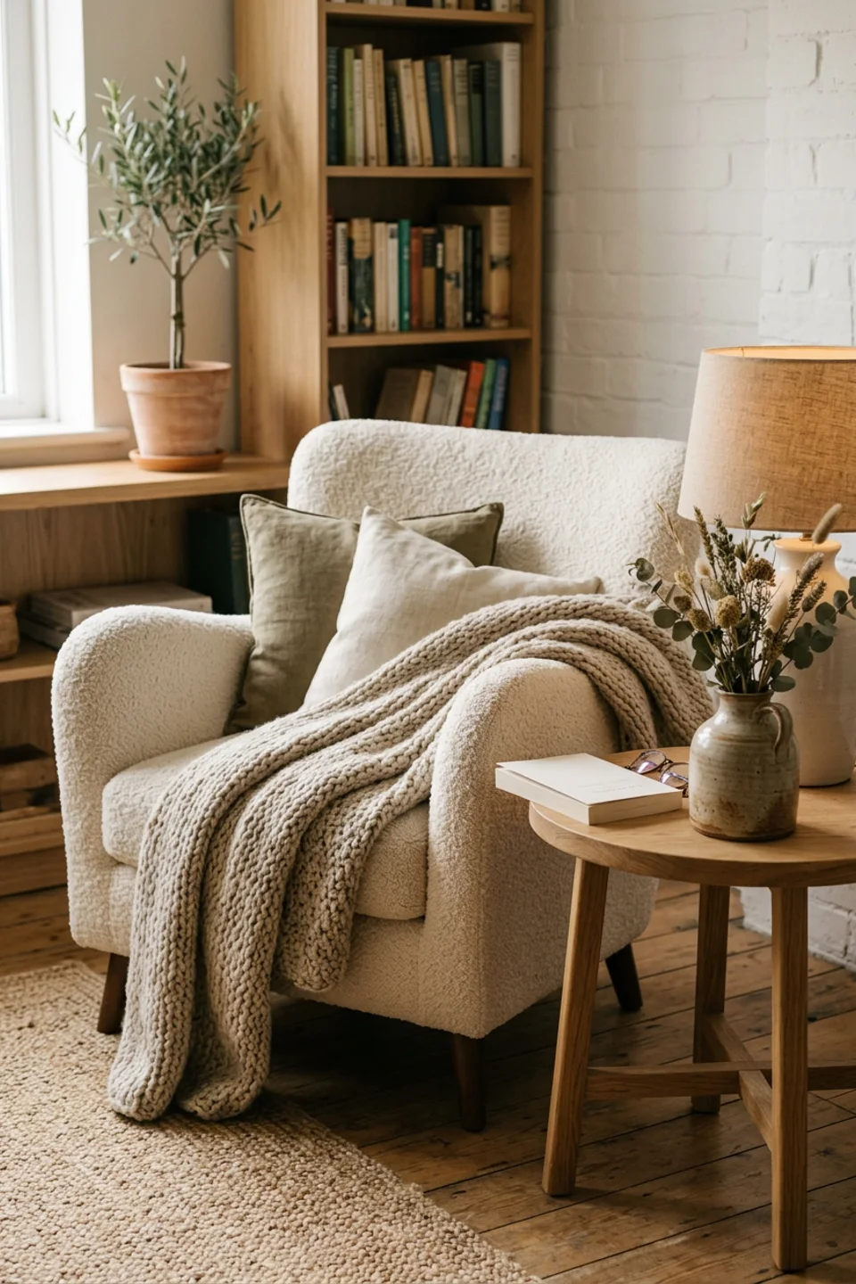 Cozy reading corner with a cream armchair, knitted throw and oak side table