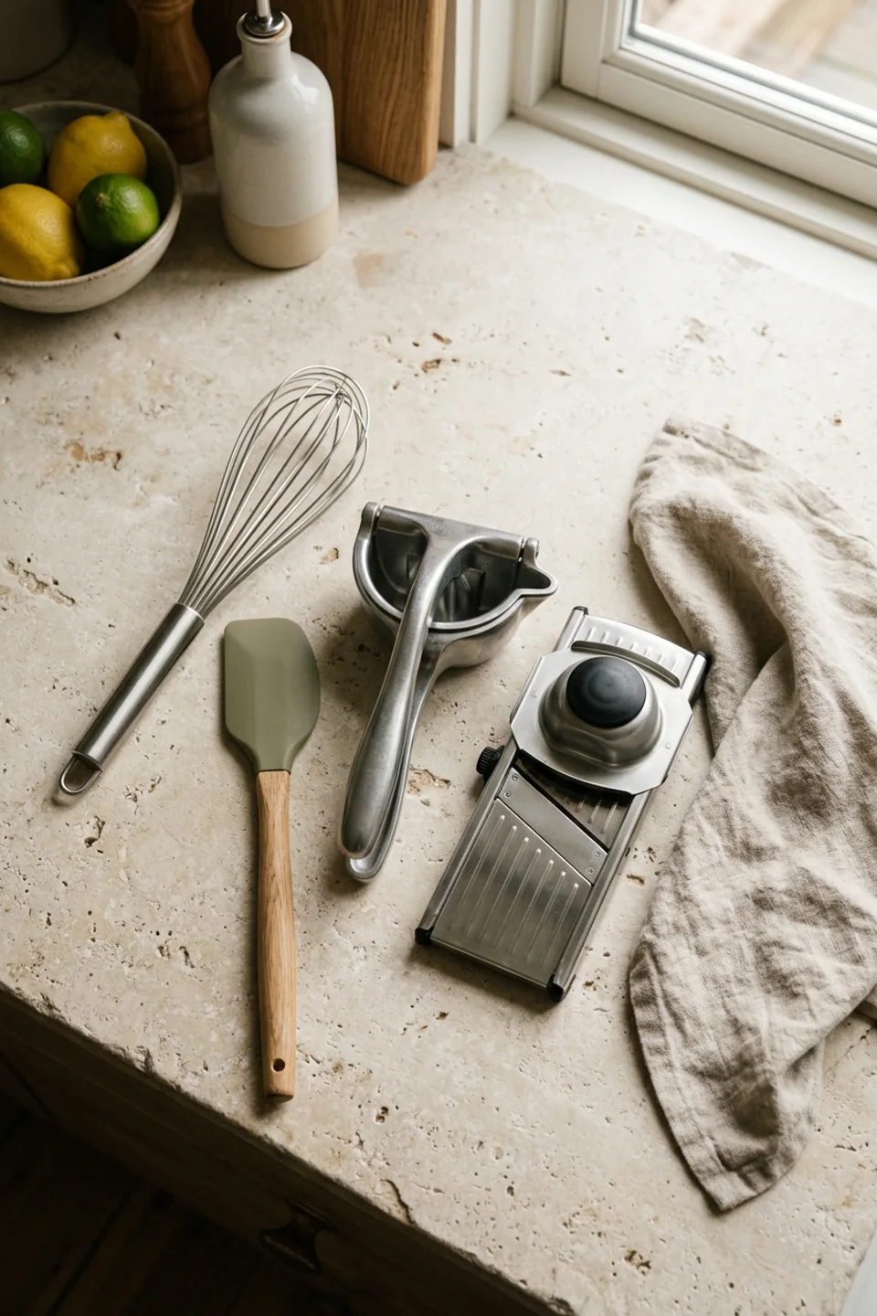 Kitchen tools arranged on pale stone with a linen towel