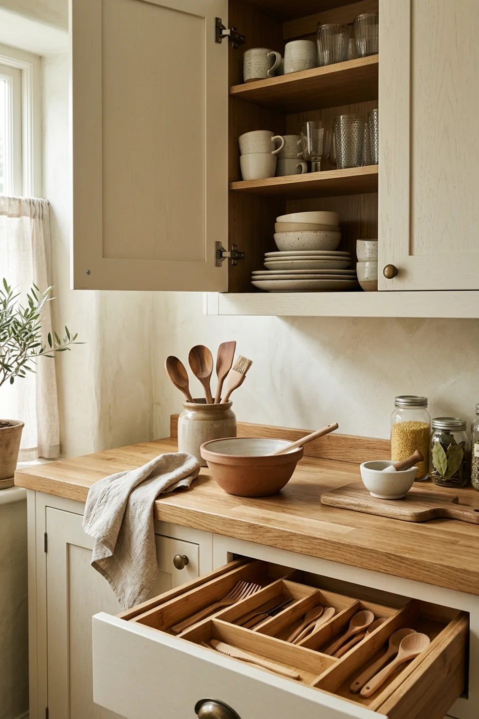 Organized kitchen counter with ceramic dishes, wooden utensils and bamboo drawer dividers