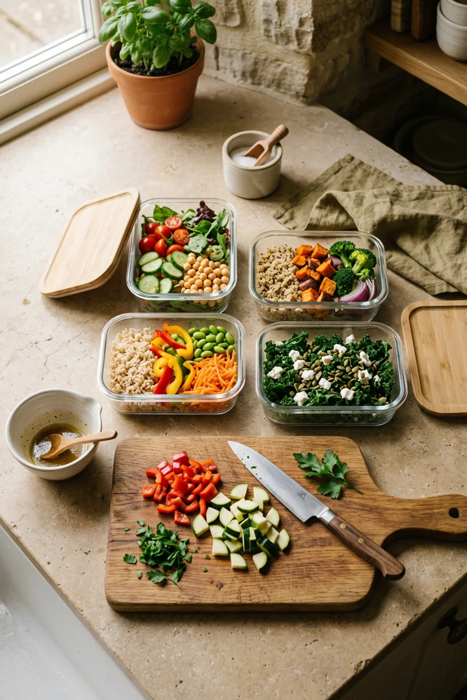 Glass meal prep containers with vegetables and grains on a kitchen counter