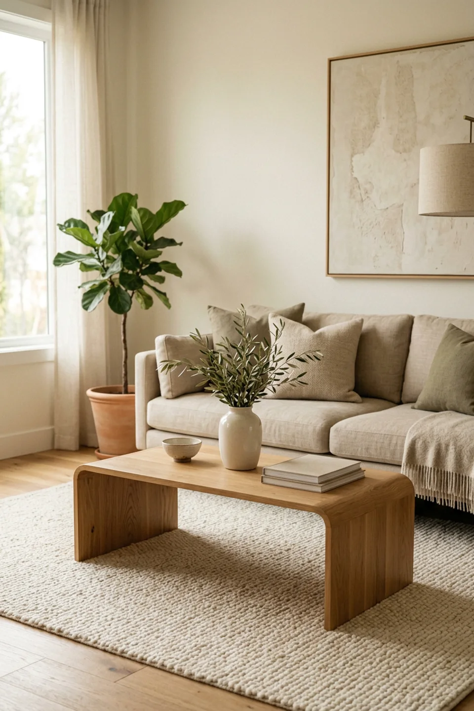 Neutral living room with a linen sofa and oak coffee table