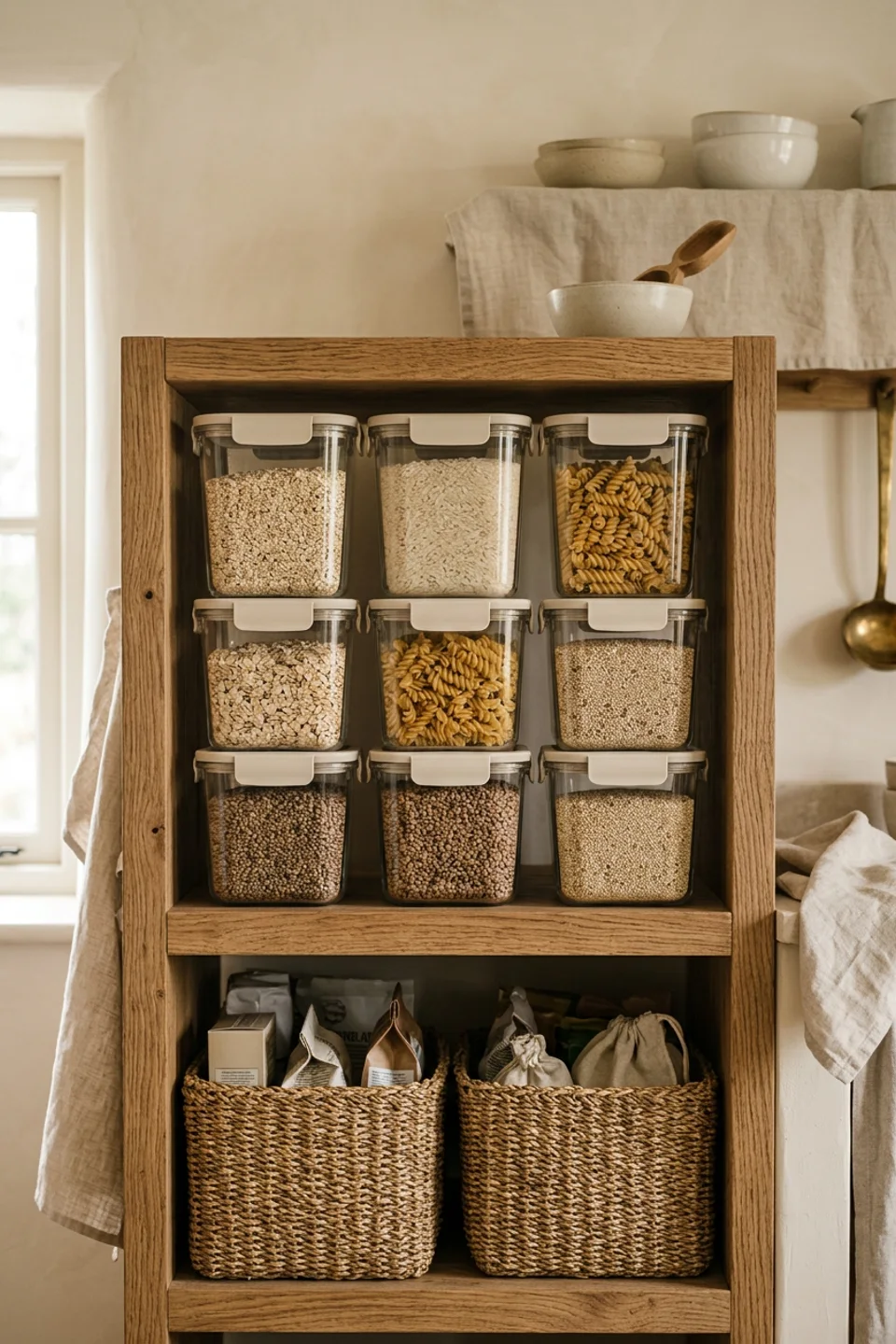 Oak pantry shelves with clear containers of dry food and woven baskets