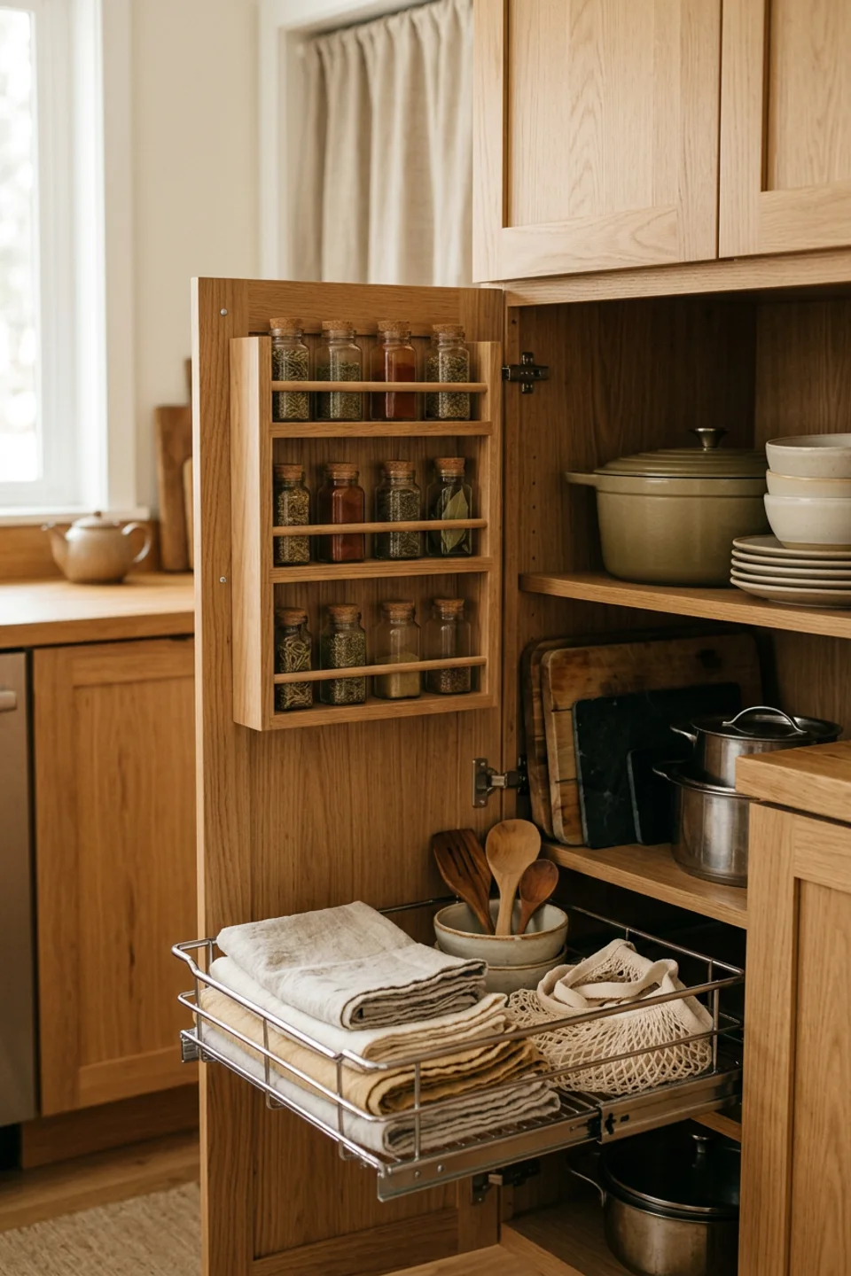 Compact kitchen cupboard with a pull-out basket and tiered spice storage