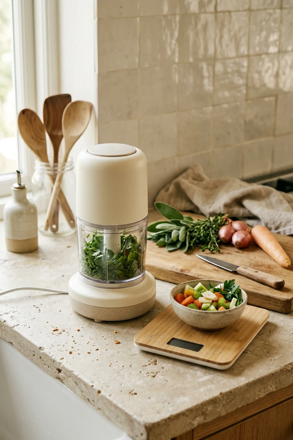 Cream food chopper and digital kitchen scale beside fresh vegetables